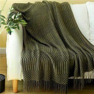 Knitted Throw Blanket Dark Green Super Soft Tassel Couch Bed Sofa Lightweight Co